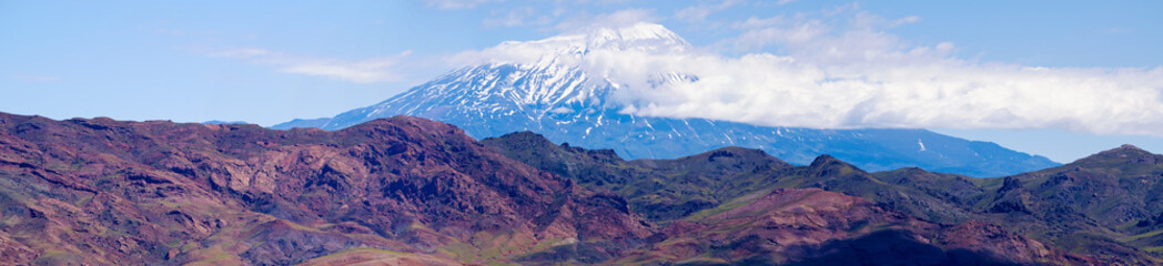 Breathtaking view of Mount Ararat, Agri Dagi, the highest mountain in the extreme east of Turkey accepted in Christianity as the resting place of Noah's Ark, a snow-capped and dormant compound volcano