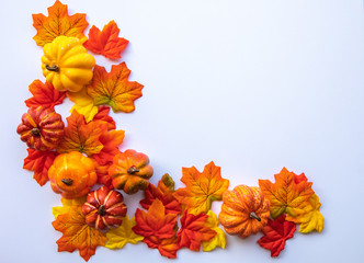Autumn decorations of leaves, pumpkins, and gourds with copy space