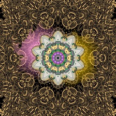 Golden ornament on black background and multicolor mandala. Silk scarf, mat for yoga, carpet.