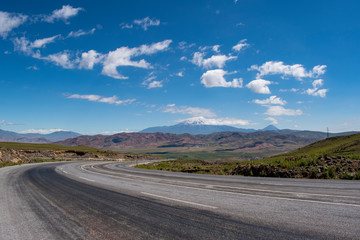 The road from Dogubayazıt to Lake Van: Mount Ararat, Agri Dagi, the highest mountain in the extreme east of Turkey, the resting place of Noah's Ark for Christianity, a snow-capped and dormant volcano