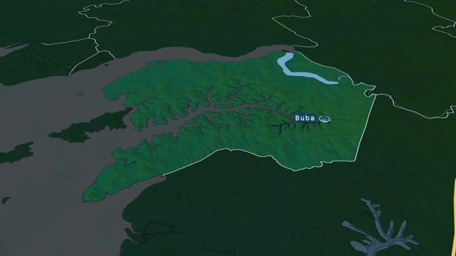 Quinara - region of Guinea Bissau with its capital zoomed on the physical map of the globe. Animation 3D