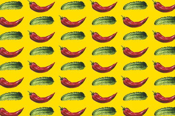 Red hot chili peppers seamless pattern on colored background, hand drawn watercolor. Autumn, harvest, vegetarian, vegetables.