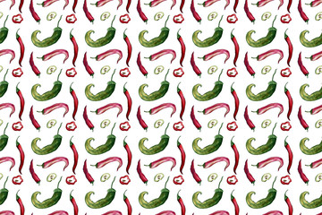 Red hot chili peppers seamless pattern on colored background, hand drawn watercolor. Autumn, harvest, vegetarian, vegetables.