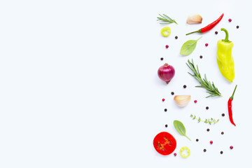 Various fresh vegetables and herbs on white background. Healthy eating concept