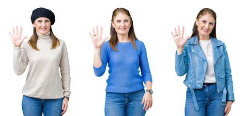 Collage of beautiful middle age woman over isolated background showing and pointing up with fingers number five while smiling confident and happy.