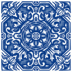 Azulejos - seamless pattern. Portuguese Dutch and oriental tile in shades of in classic pale blue ang indigo colors. Baroque Vector mosaic. Rococo and Arabesque ornament