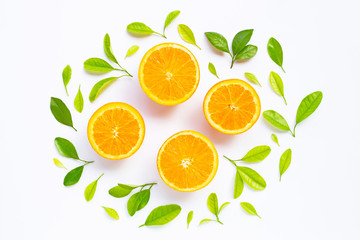 High vitamin C, Juicy and sweet. Fresh orange fruit with green leaves  on white.