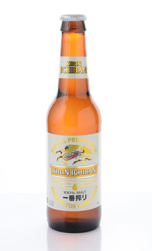 IRVINE, CA - JANUARY 11, 2015: A bottle of Kirin Ichiban Isolated on white. Kirin is a popular brand of Japanese beer imported into the United States.