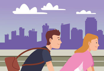 Young people riding bicycles cartoon