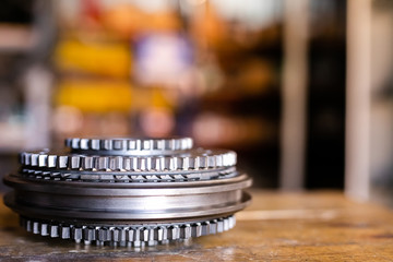 View on automotive equipment tool for car clutch installation. Tools for truck clutch installation. Close up car clutch removal tools equipment. Abstract car maintenance repair works concept