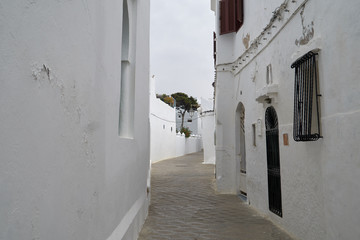 Street of the white city Asilah in Morocco. It is a gorgeous seaside town on the northern coast of the country.     