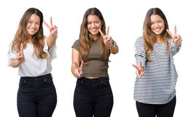 Collage of beautiful young woman over isolated background smiling looking to the camera showing fingers doing victory sign. Number two.