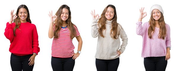 Collage of beautiful young woman over isolated background smiling positive doing ok sign with hand and fingers. Successful expression.