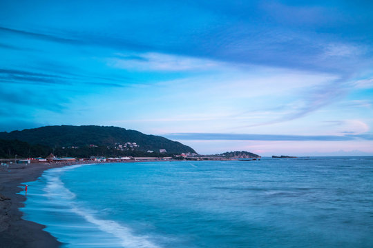 View of the beach in Hayama during the summer. Twilight. Landscape Orientation.