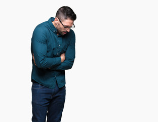 Fototapeta premium Young handsome business man wearing glasses over isolated background with hand on stomach because nausea, painful disease feeling unwell. Ache concept.