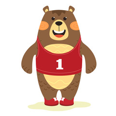 Cheerful and cute bear athlete number 1. Vector isolate on a white background in cartoon style. Scandinavian style.