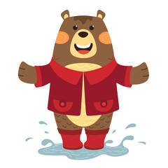 Cheerful bear in boots jumping in a puddle. Vector isolate in cartoon style on a white background. Scandiaavian style.