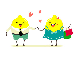 A cheerful and cute couple of lemons with purchases. Vector fruit isolate on a white background.