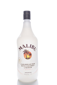 IRVINE, CALIFORNIA - JANUARY 4, 2018: Malibu Rum 1.75 ltr bottle. Malibu is a brand of rum, flavored with coconut liqueur, by the West Indies Rum Distillery, Barbados.  