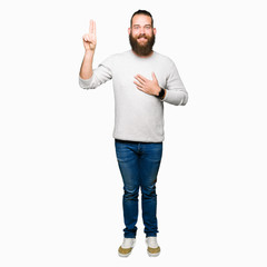 Young blond man wearing casual sweater Swearing with hand on chest and fingers, making a loyalty promise oath