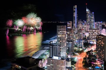 Big fireworks with Cityscape of Surfers Paradise
