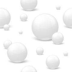 Vector 3D realistic seamless pattern with white marble balls, laying on the surface, isolated on white background.