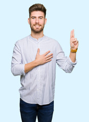 Young handsome man Swearing with hand on chest and fingers, making a loyalty promise oath