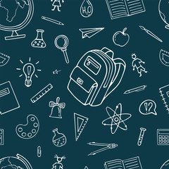 Back To School seamless Pattern Background.  Graphic by hand. Vector Pattern for wallpaper wrapping paper. Illustration with modern line icons school supplies.