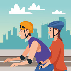 Friends with electric scooter and skateboard