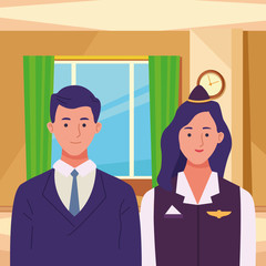 Professionals workers couple smiling cartoons