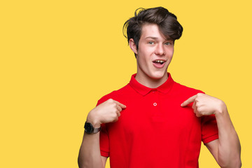 Young handsome man wearing red t-shirt over isolated background looking confident with smile on...