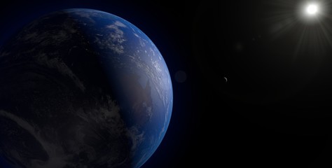 Earth Planet and Waning Moon and sun Picture in space