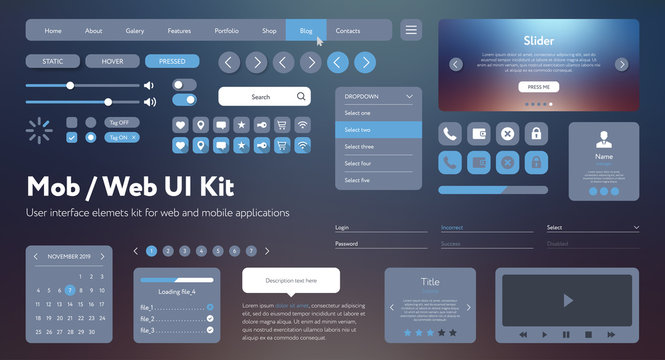 Flat Mobile Web UI Kit. Universal user interface for designing responsive websites, mobile apps. Gradient background. Different UX, GUI screens with buttons, slider, menu template. Modern space style.