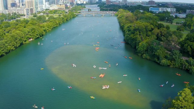 Aerial Kayaks & Paddleboards on Lady Bird Lake - Austin Skyline Reveal & Active Lifestyle