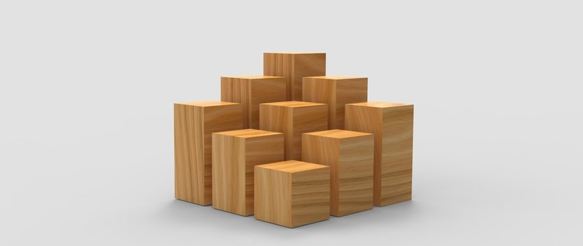 Render tridimensional de podio con diferentes niveles para presentaci&oacute;n de producto con diferentes materiales coloridos  y texturas. Ilustraci&oacute;n 3d