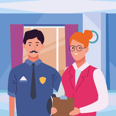 Professionals workers couple smiling cartoons