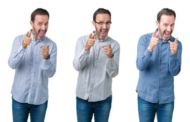 Collage of handsome senior business man over white isolated background pointing fingers to camera with happy and funny face. Good energy and vibes.