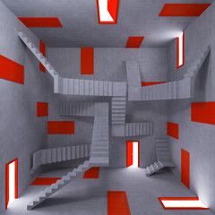 Room full of doors. Concept of bureaucracy and stress