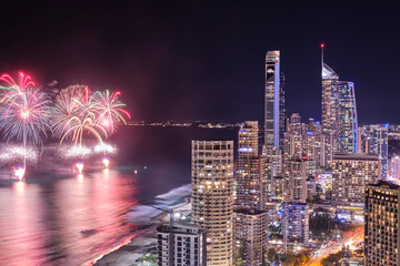 City view of Surfers Paradise with big fireworks, Gold Coast Queensland Australia