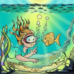 Fototapeta na wymiar Snorkel, girl under the sea, cute cartoon.