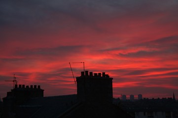 Rooftop silhouette against sunset, Aberdeen