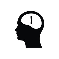 Head with exclamation mark icon. Caution brain logo.
