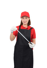 Portrait of young woman worker smiling in red uniform with apron, glove hand holding Measuring Tape isolated on white backround