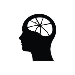 Head with damaged brain icon. broken brain silhouette logo. illustration of mental illness.