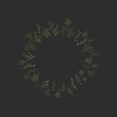 Vector frame with flowers. Doodle drawing on black background Wedding, autumn decor. Hand drawn element design