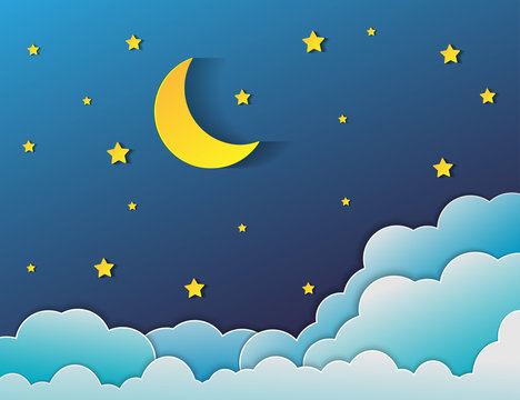 paper art style.Vector of a crescent moon with stars on a cloudy night sky. Moon and stars background.