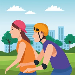 Young couple doing exercise cartoon