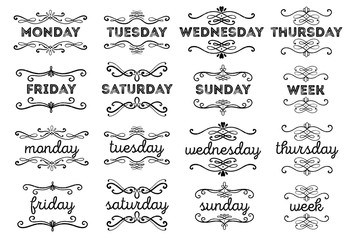 Set title week,text and swirl.Impression stamp,calendar,note,planner. Vintage elegant style.