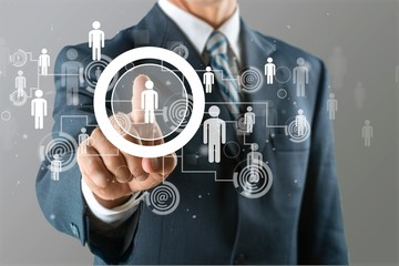 Businessman and internet and virtual reality concept - businessman pressing button on virtual...
