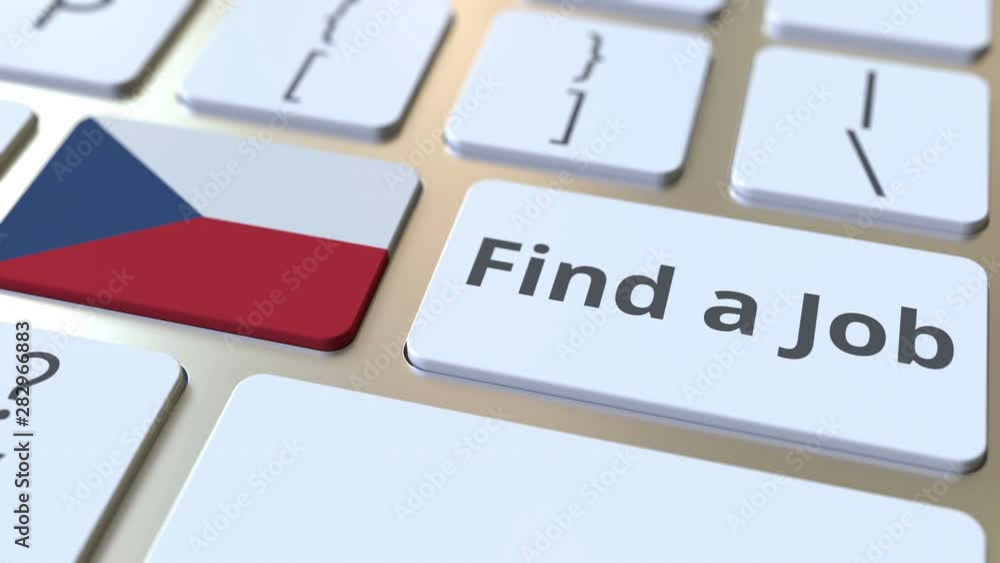 Poster find a job text and flag of the czech republic on the buttons on the computer keyboard. employment r